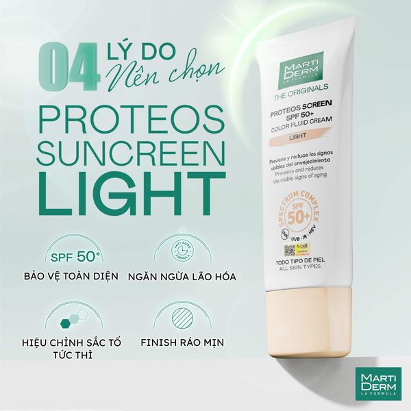 Kem Chống Nắng Phổ Rộng Làm Đều Màu Da, chống nám - MartiDerm The Originals Proteos Screen SPF50+ Color Fluid Cream 40ml #Light
