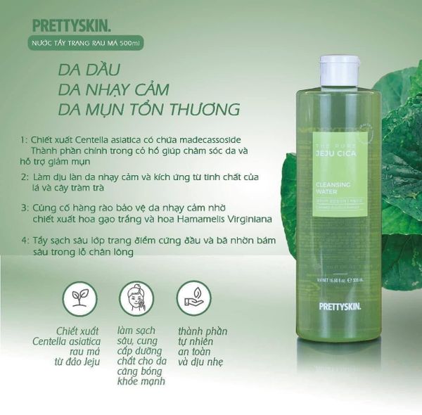 (CÔNG TY) Tẩy Trang Rau Má Dịu Nhẹ PrettySkin The Pure Jeju Cica Cleansing Water 500ml