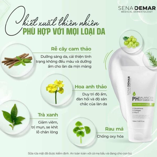 Sữa Rửa Mặt Làm Sạch Sâu, Dưỡng Da Sáng Mịn, Đều Màu SenaDemar PH Balanced Deep Cleansing Foam Hàn Quốc 150ml