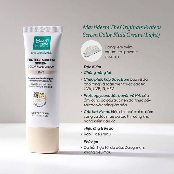 Kem Chống Nắng Phổ Rộng Làm Đều Màu Da, chống nám - MartiDerm The Originals Proteos Screen SPF50+ Color Fluid Cream 40ml #Light