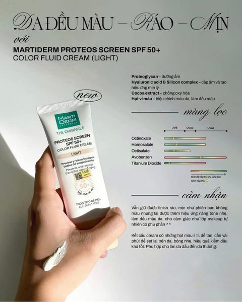 Kem Chống Nắng Phổ Rộng Làm Đều Màu Da, chống nám - MartiDerm The Originals Proteos Screen SPF50+ Color Fluid Cream 40ml #Light