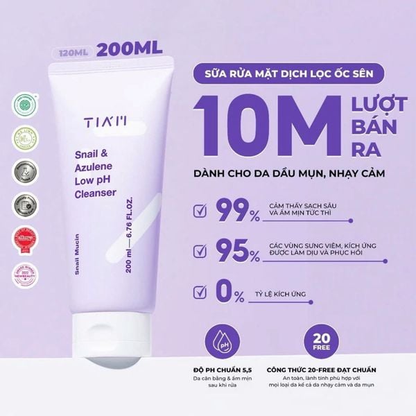 Sữa Rửa Mặt Tia'm Ốc Sên Làm Dịu & Phục Hồi Da 200ml Snail & Azulene Low pH Cleanser