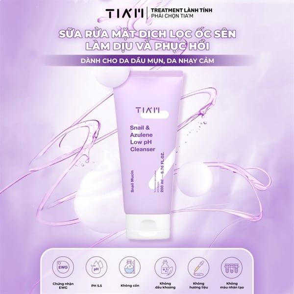 Sữa Rửa Mặt Tia'm Ốc Sên Làm Dịu & Phục Hồi Da 200ml Snail & Azulene Low pH Cleanser