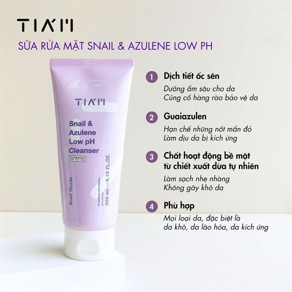 Sữa Rửa Mặt Tia'm Ốc Sên Làm Dịu & Phục Hồi Da 200ml Snail & Azulene Low pH Cleanser