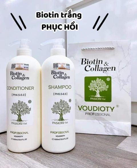 Bộ dầu gội và xả phục hồi tóc hư tổn Biotin and Collagen Voudioty Trắng 2x1000ml