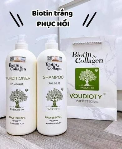 Bộ dầu gội và xả phục hồi tóc hư tổn Biotin and Collagen Voudioty Trắng 2x1000ml