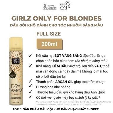 Dầu Gội Khô Girlz Only Dành Cho Tóc Nhuộm Sáng Màu 200ml Dry Shampoo For Blondes
