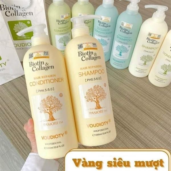 Bộ dầu gội xả siêu mềm mượt Biotin Collagen Voudioty Hair Repairing Vàng 1000ml