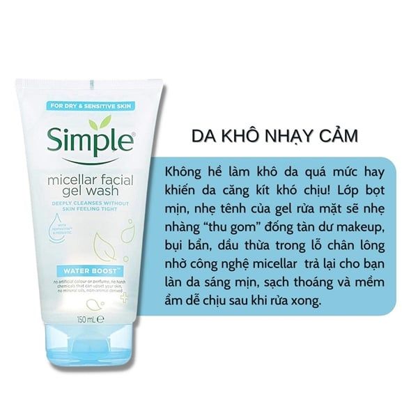Sữa rửa mặt Simple Water Boost Micellar Facial Gel Wash 150ml