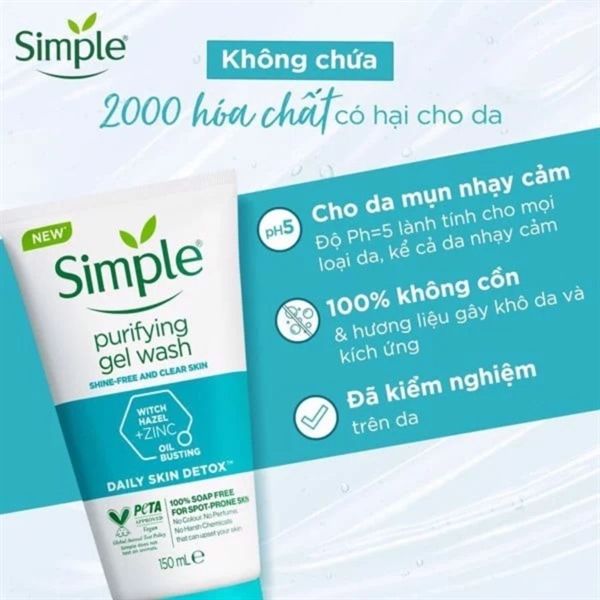 SIMPLE Gel Rửa Mặt Simple Purifying Gel Wash Giảm Bóng Nhờn 150ml XANH DƯƠNG