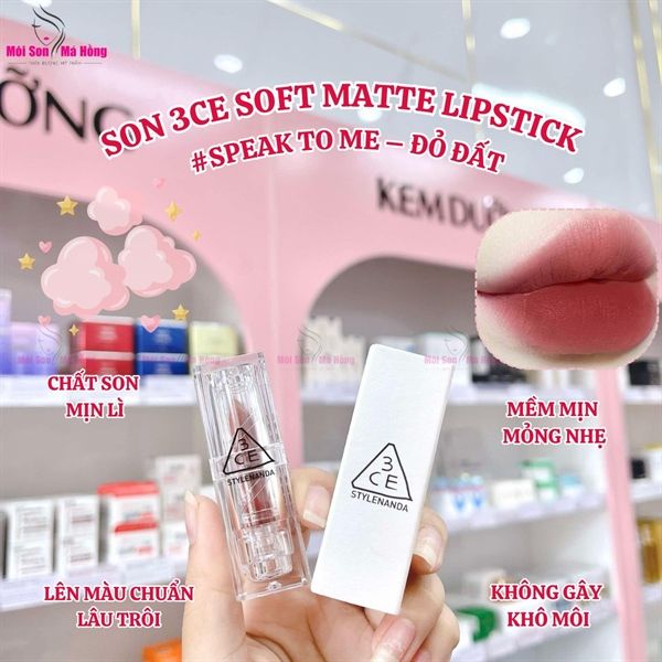Son Thỏi Lì 3CE Vỏ Trong Suốt Speak To Me - Đỏ Mận 3.5g Soft Matte Lipstick