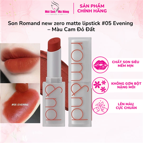Son thỏi siêu mịn Romand New Zero Matte Lipstick 05 Evening 3g - Đỏ Cam Đất