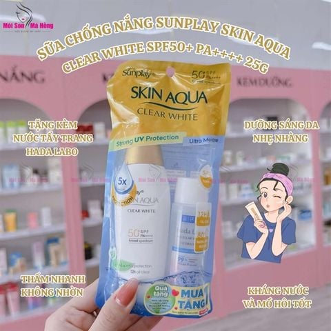 (1 Tặng 1) Sữa chống nắng dưỡng da trắng mịn Sunplay Skin Aqua Clear White SPF50+ 55g và tẩy trang