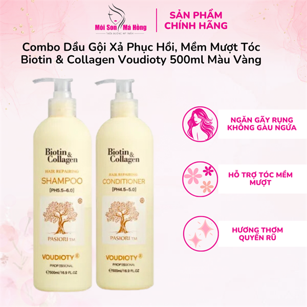 Combo Dầu Gội Xả Phục Hồi, Mềm Mượt Tóc Biotin & Collagen Voudioty 500ml Màu Vàng