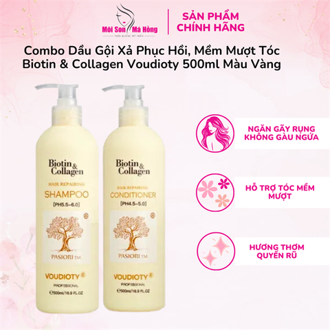 Combo Dầu Gội Xả Phục Hồi, Mềm Mượt Tóc Biotin & Collagen Voudioty 500ml Màu Vàng