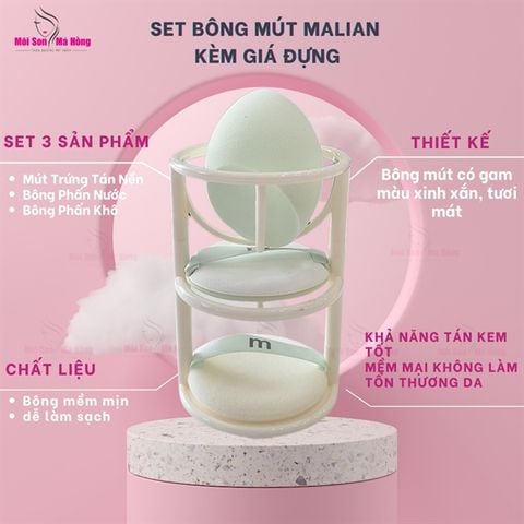 Bộ 3 mút trang điểm kèm giá đỡ mút 3 tầng xanh lá Malian M3040