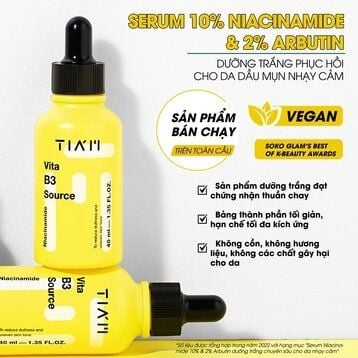 Serum Tia'm Làm Sáng, Phục Hồi Cho Da Dầu Mụn, Nhạy Cảm 40ml Vita B3 Source (10% Niacinamide + 2% Arbutin)