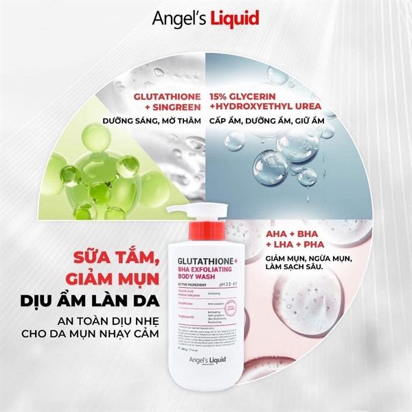 Sữa Tắm Giảm Mụn, Mờ Thâm Angel's Liquid Glutathione BHA Exfoliating Body Wash 500g