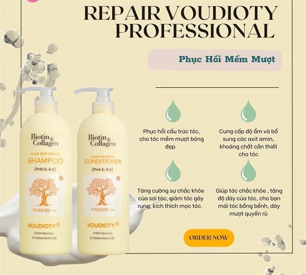 Bộ dầu gội xả siêu mềm mượt Biotin Collagen Voudioty Hair Repairing Vàng 1000ml