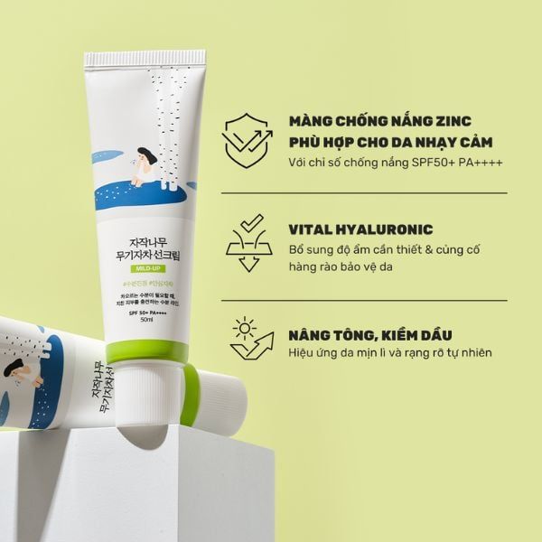 (XANH LÁ) Kem Chống Nắng Dưỡng ẩm dịu da, kiềm dầu, Nâng Tone Round Lab Birch Juice Mild Up Sunscreen SPF 50+ PA++++ 50ml