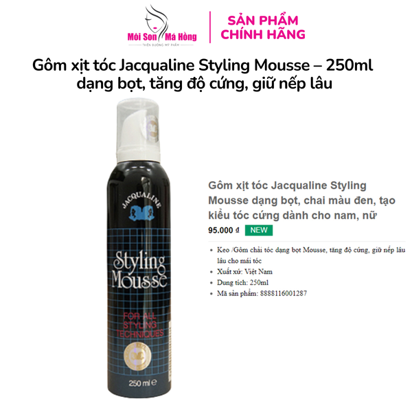 Gôm xịt tóc Jacqualine Styling Mousse – 250ml, dạng bọt, tăng độ cứng, giữ nếp lâu