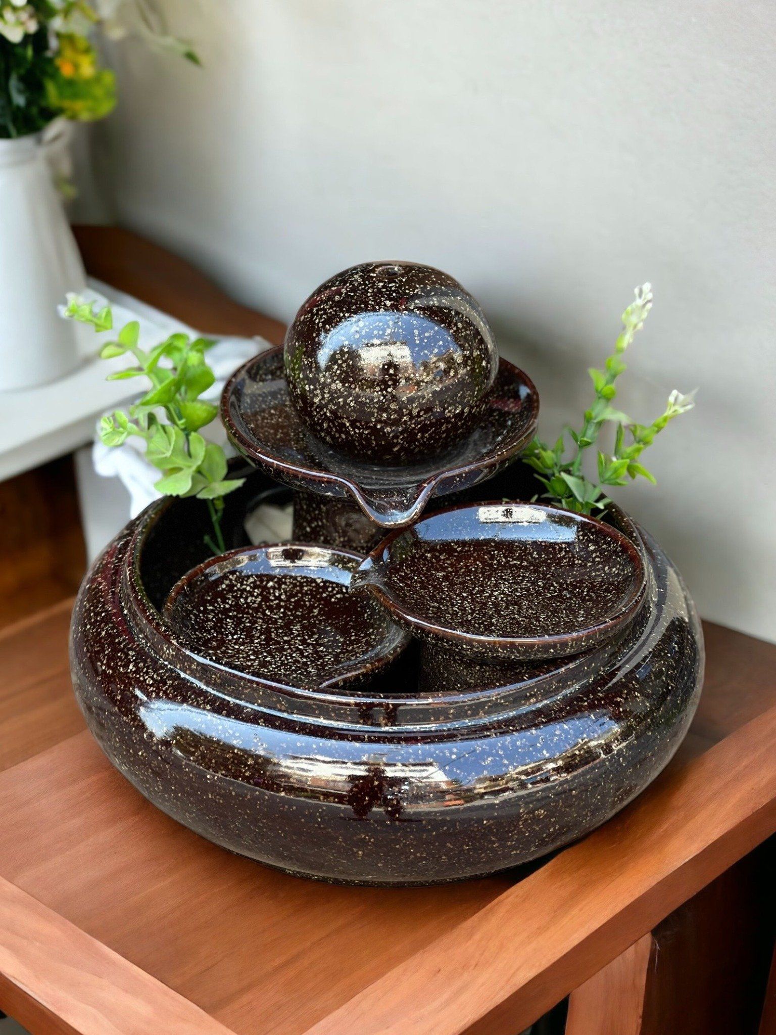 Thác Nước Phong Thủy Luân Hồi Mini Để Bàn Địa Cầu Nâu - Men Sứ Cao Cấp, Cao 23cm, Đường Kính 30cm