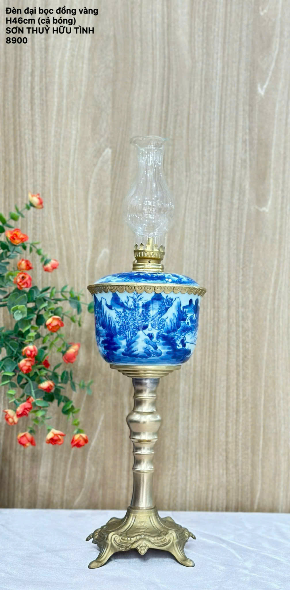 Đèn dầu Bát Tràng gốm sứ cao cấp cao 46cm – họa tiết men lam cổ điển