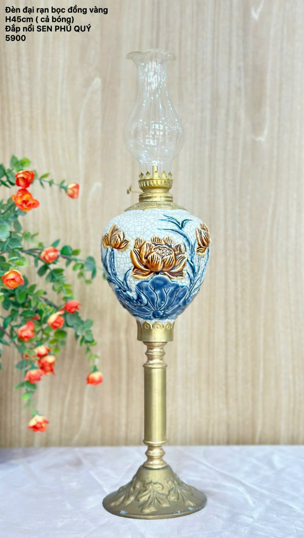 Đèn dầu Bát Tràng gốm sứ cao cấp cao 45cm – họa tiết men lam sang trọng