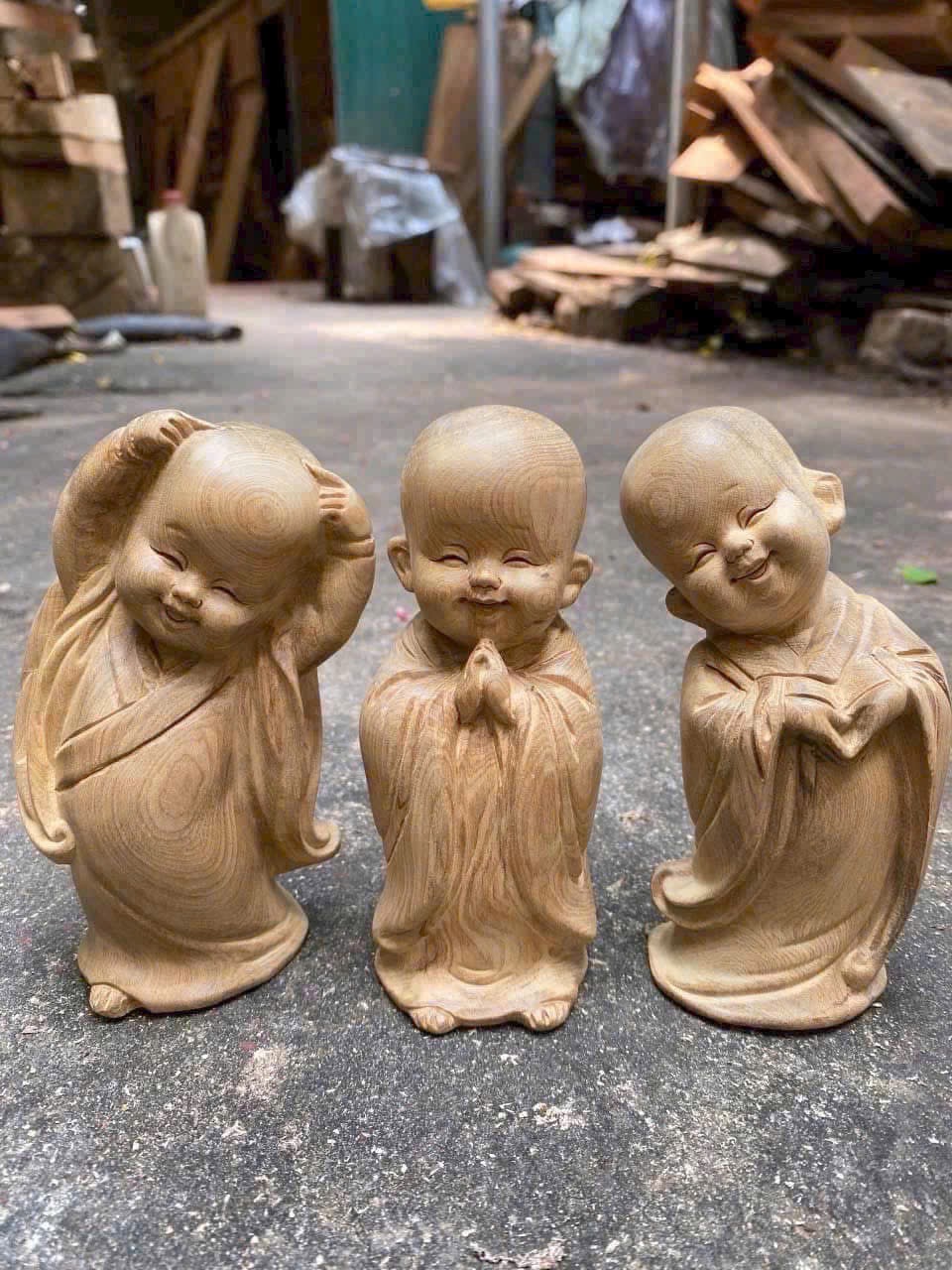 Bộ Tam Không Tiểu Hòa Thượng Gỗ Bách Xanh – Cao 10cm – Decor & Phong Thủy