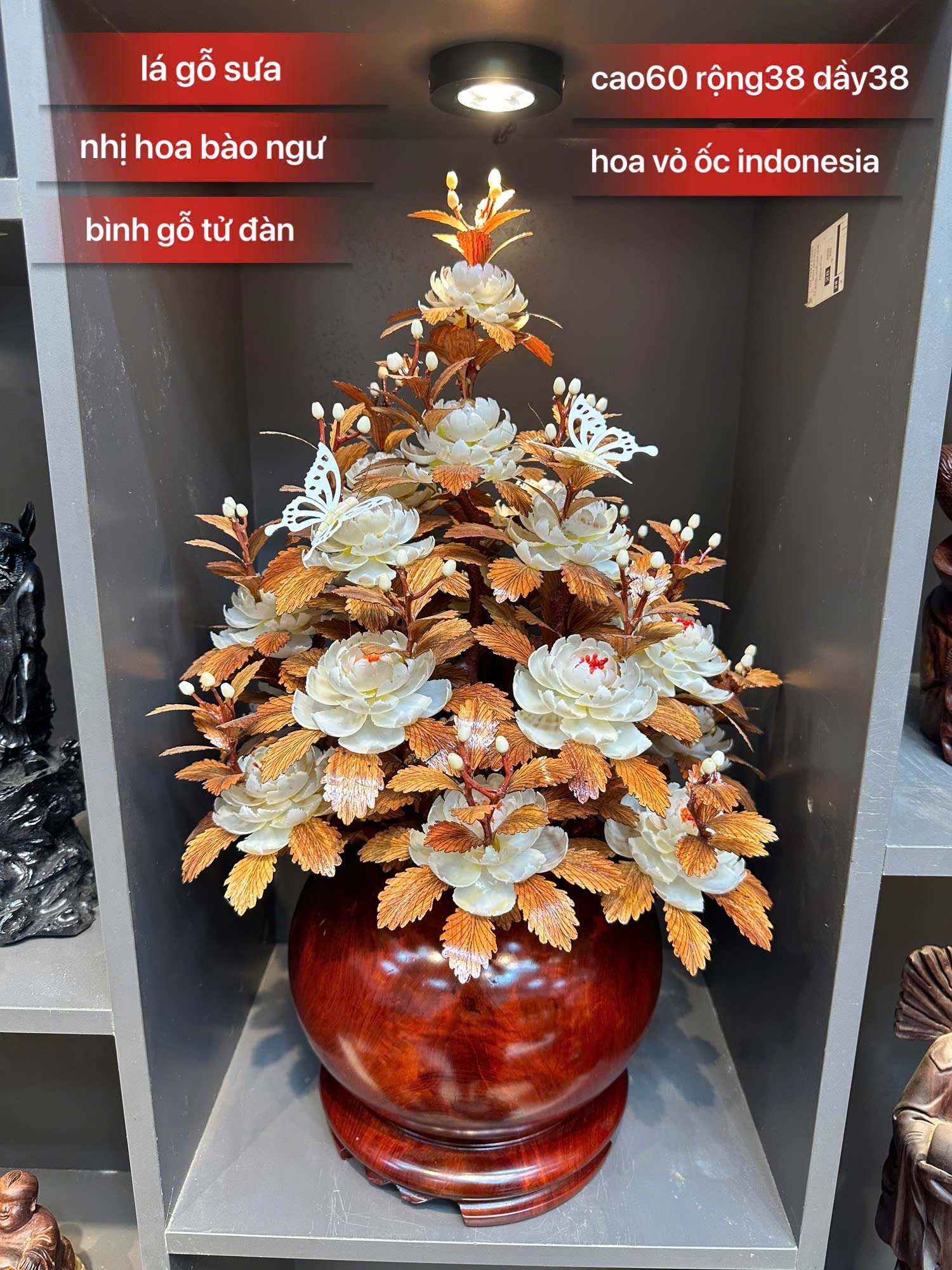 Bình Hoa Hồng Cổ Gỗ Tử Đàn – Mix Vỏ Ốc Indonesia, Lá Gỗ Sưa – Cao 60cm