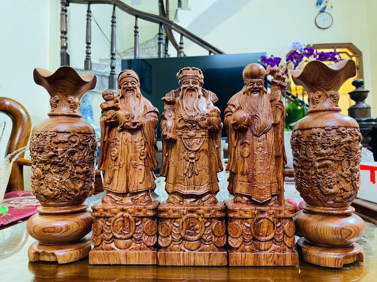 Bộ Tam Đa Phúc Lộc Thọ & Lục Bình Gỗ Hương Đá – Tài Lộc, Phong Thủy