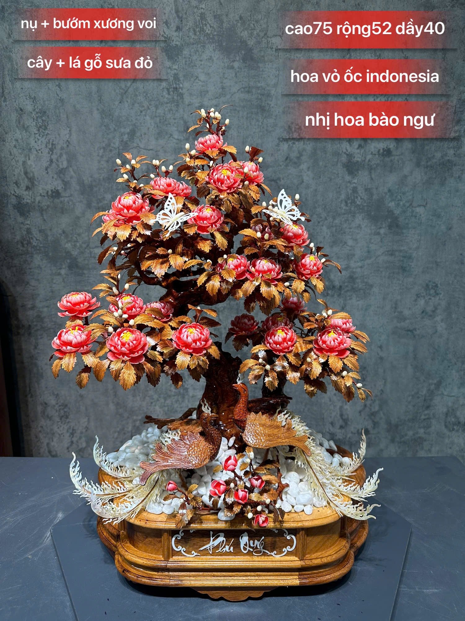 Chậu Hoa Hồng Cổ Nghệ Thuật – Gỗ Sưa Đỏ, Vỏ Ốc Indonesia, Xương Voi