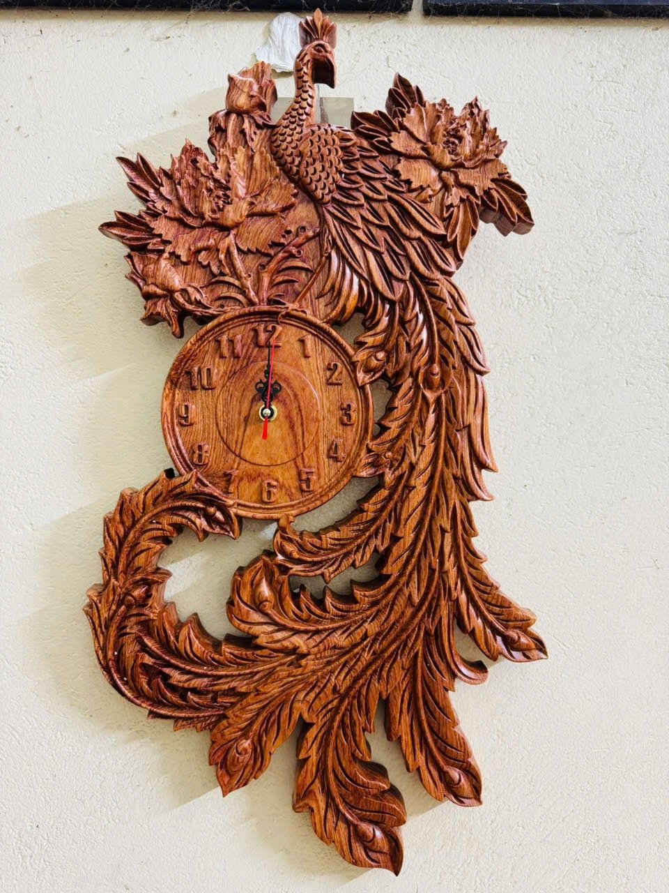 Đồng hồ gỗ phượng hoàng – Gỗ hương đá nguyên khối, sang trọng, phong thủy