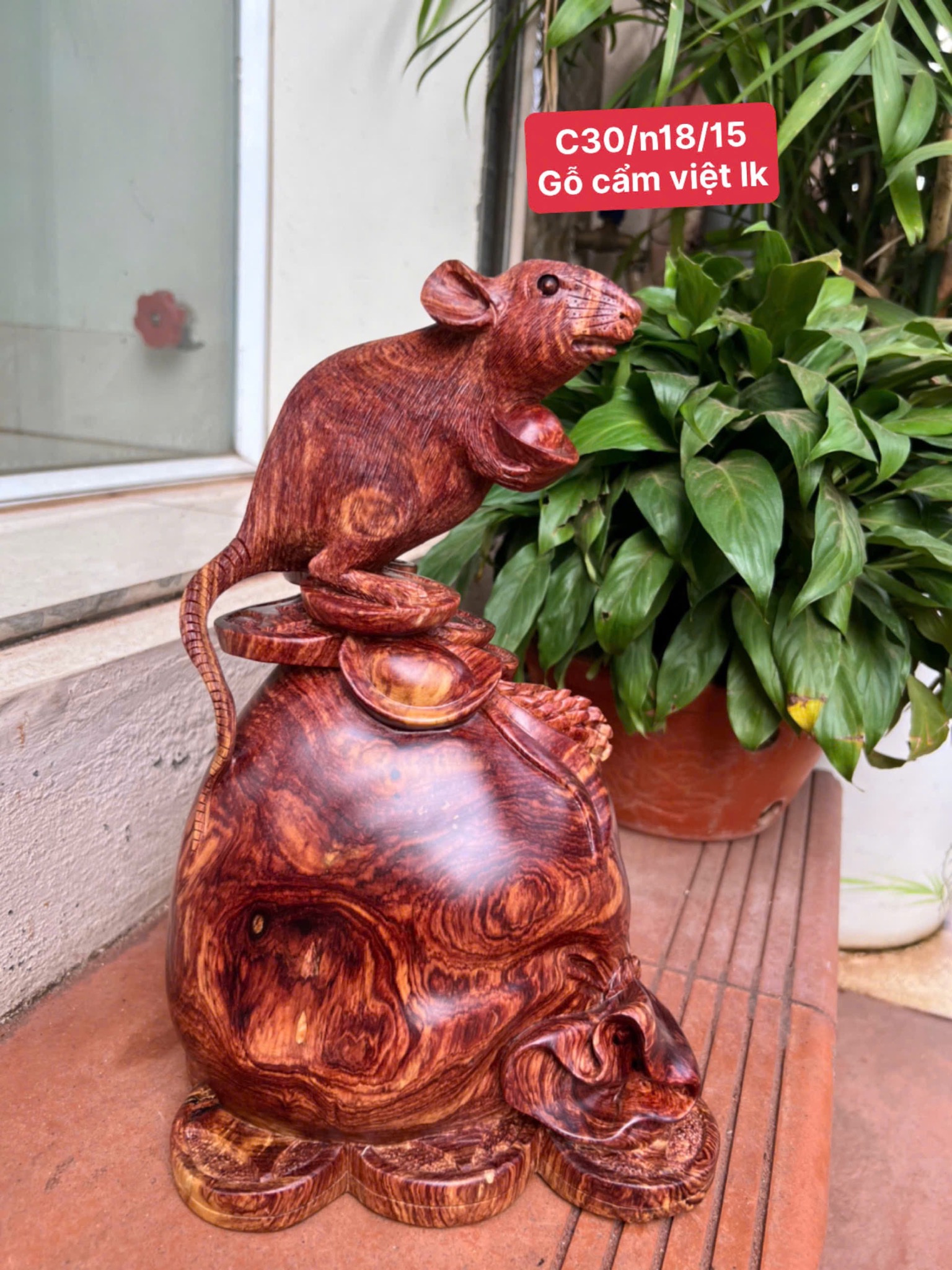 Tượng Chuột Bê Vàng Gỗ Cẩm Việt Liền Khối – Cao 30cm