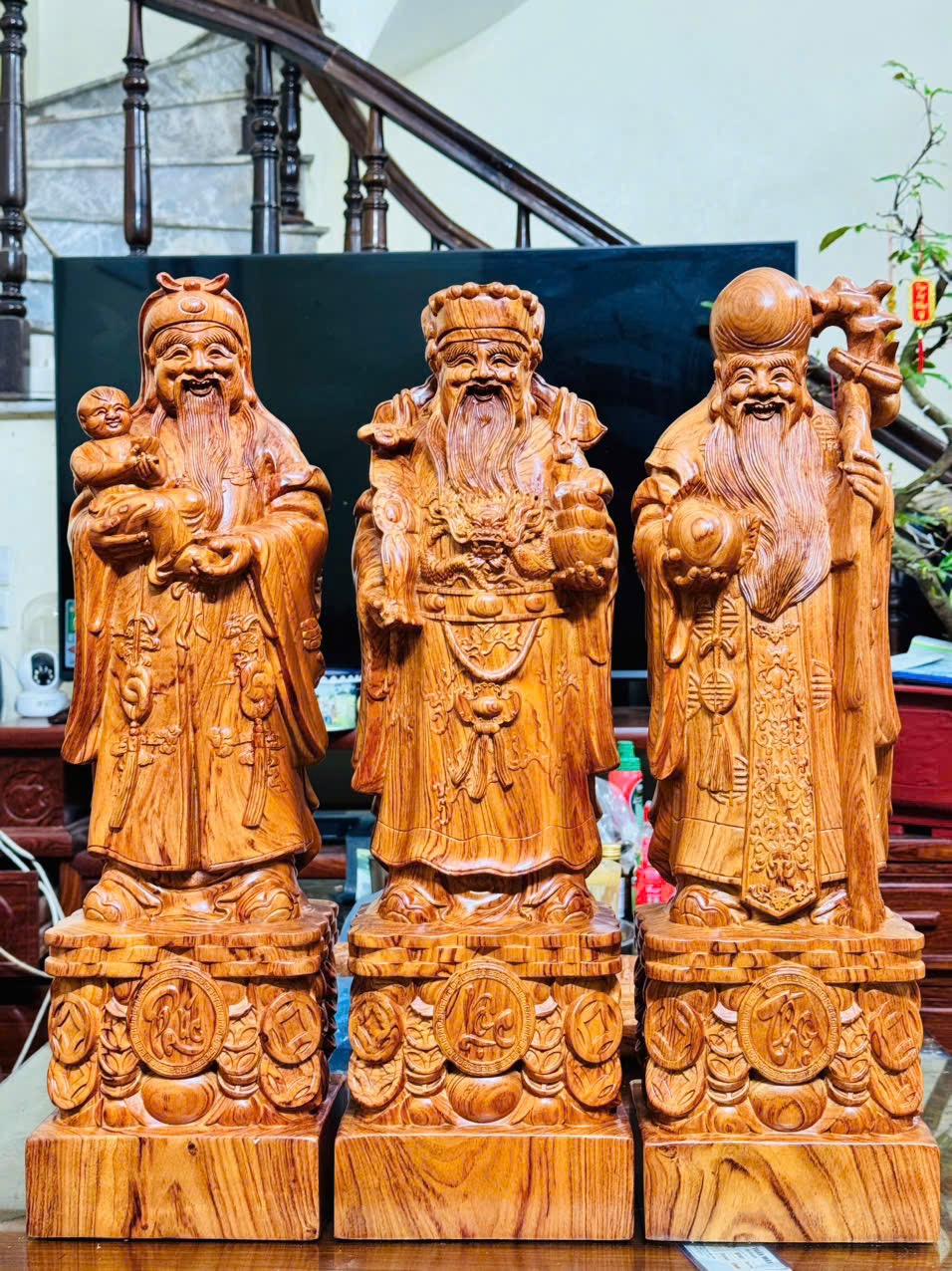 Bộ Tượng Tam Đa Phúc Lộc Thọ Gỗ Hương Đá - Vân Đẹp, Chạm Khắc Sắc Nét