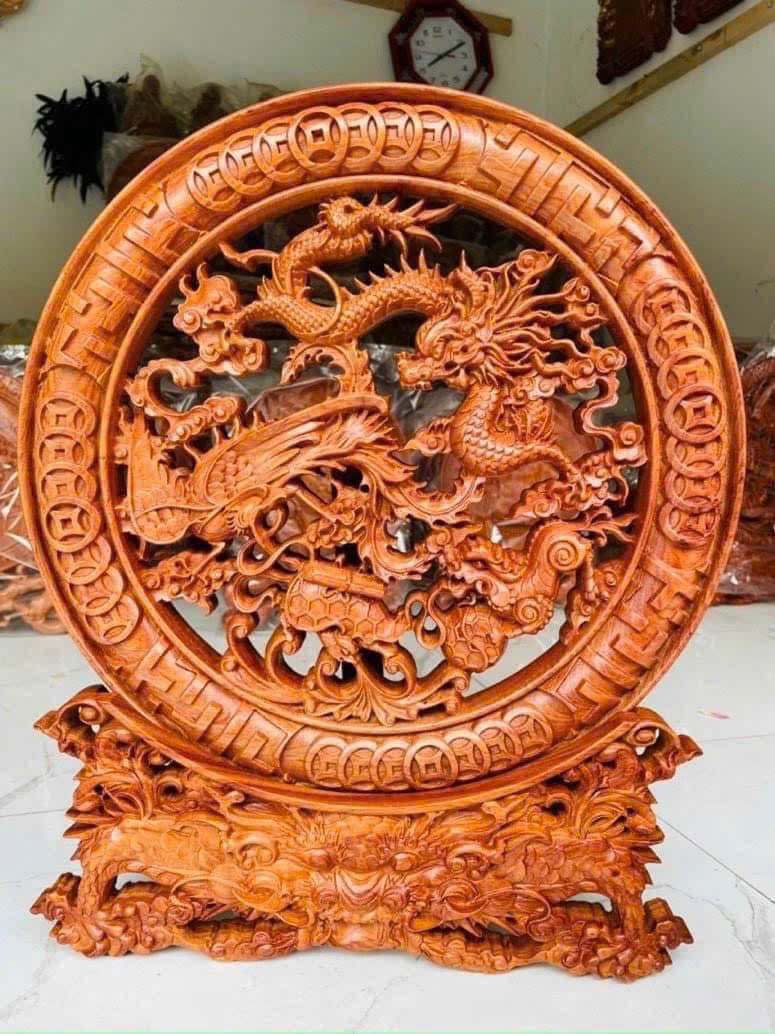 Đĩa Tứ Linh Gỗ Hương Đá – Decor Phong Thủy Sang Trọng