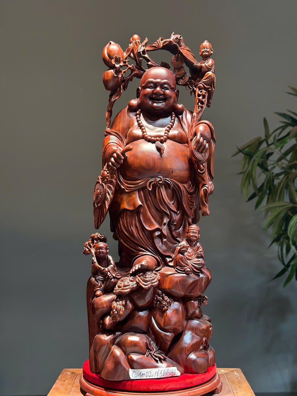 Tượng Di Lặc Tam Phúc Gỗ Tử Đàn Nguyên Khối – Cao 1m02, Đục Tay Sắc Nét