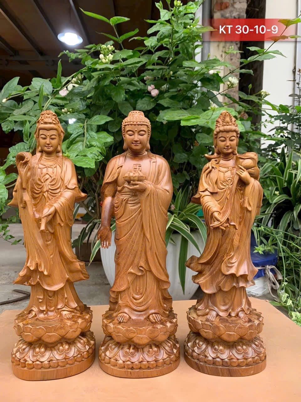 Tượng Tây Phương Tam Thánh Gỗ Bách Xanh – Cao 30cm, Gỗ Thơm Tự Nhiên