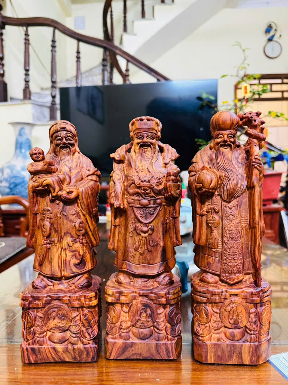 Bộ Tượng Tam Đa Gỗ Sưa Già Liền Khối – Phúc Lộc Thọ May Mắn