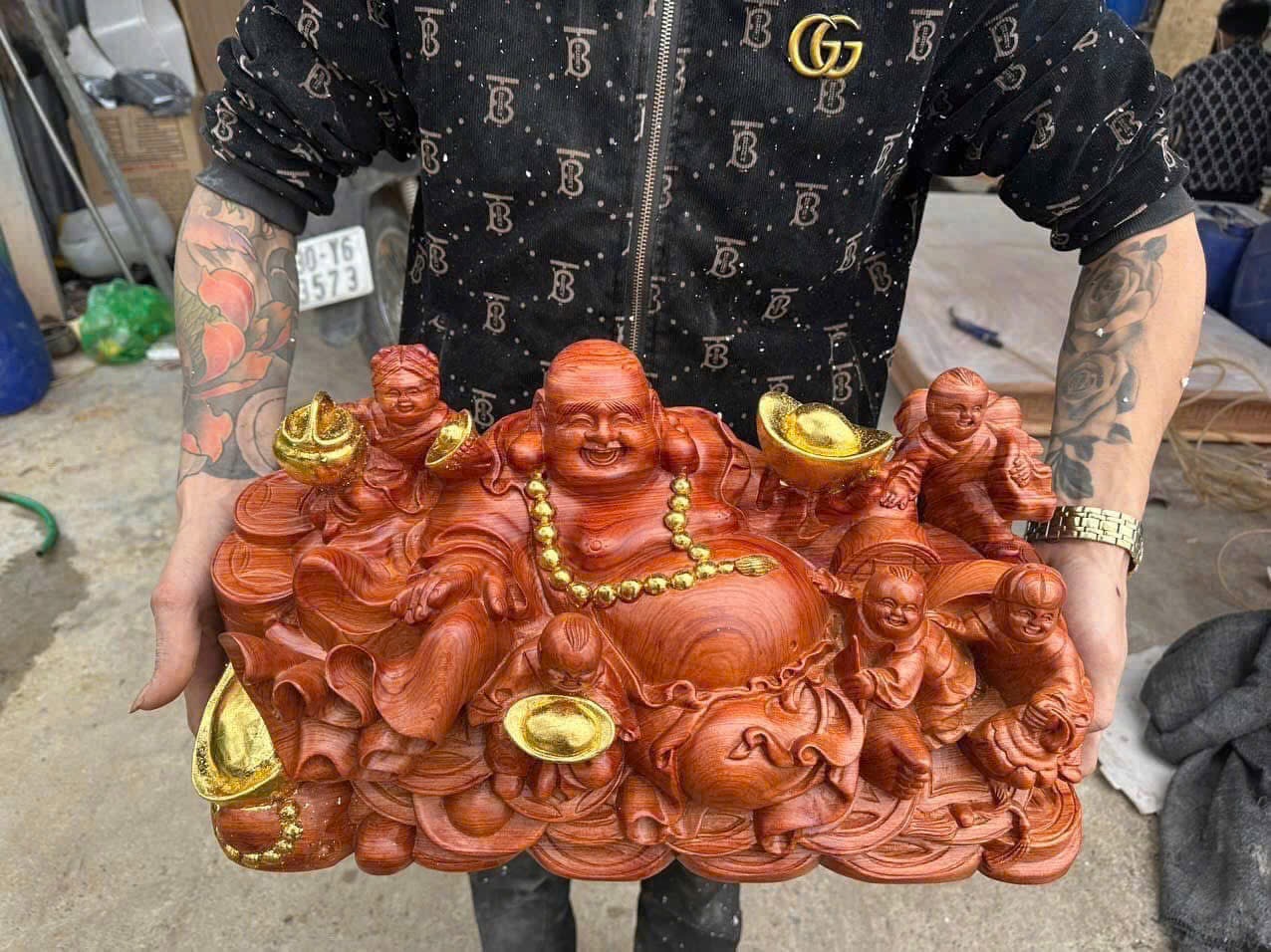 Tượng Di Lặc Ngũ Phúc Gỗ Hương Đá – May Mắn, Bình An, Tài Lộc