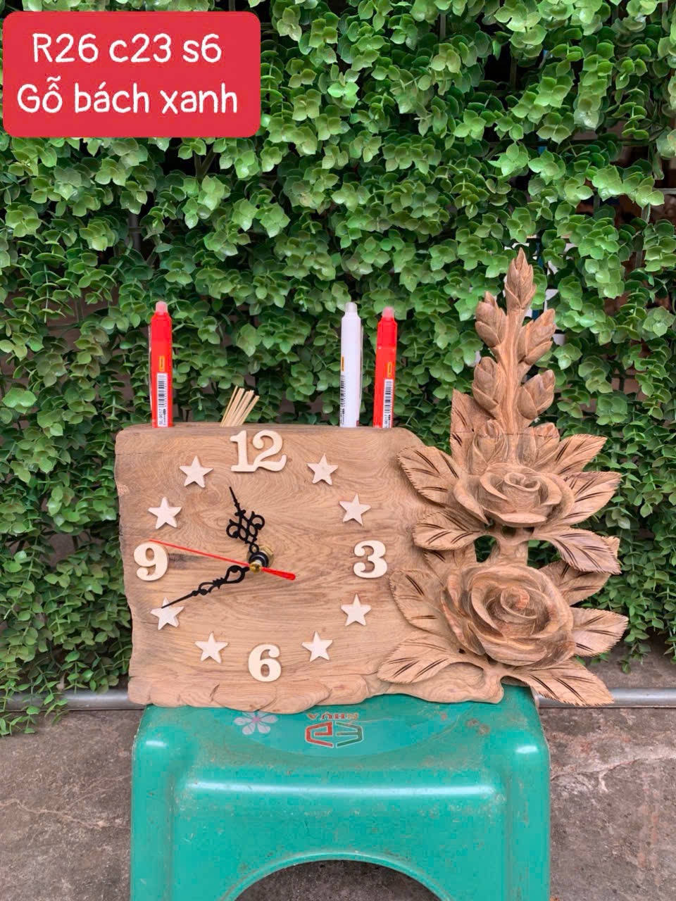 Bộ đồng hồ 3 trong 1 gỗ bách xanh – Đồng hồ, cắm bút, đựng tăm tiện lợi