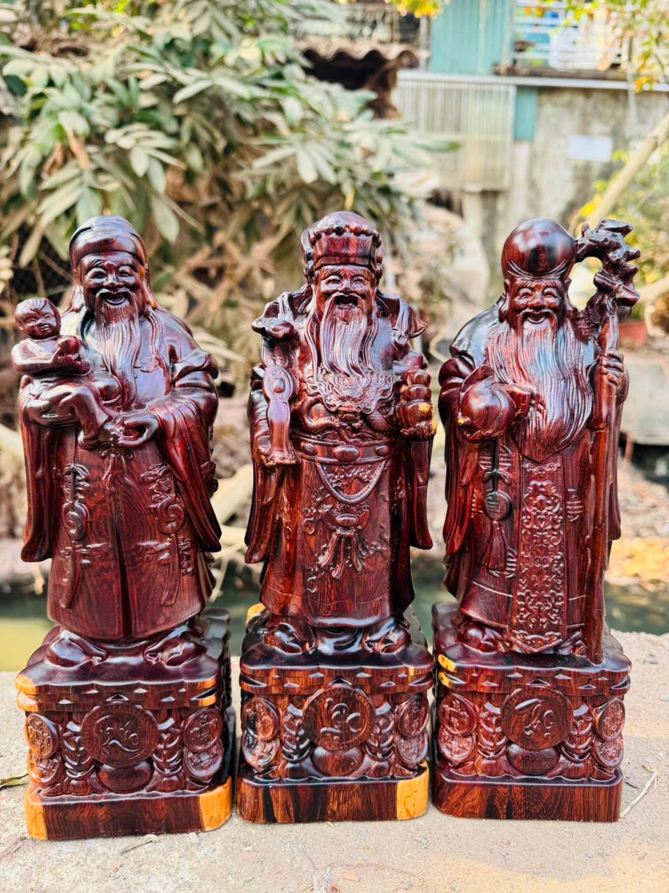 Bộ tượng Tam Đa Cẩm Việt liền khối gỗ tự nhiên vân đẹp