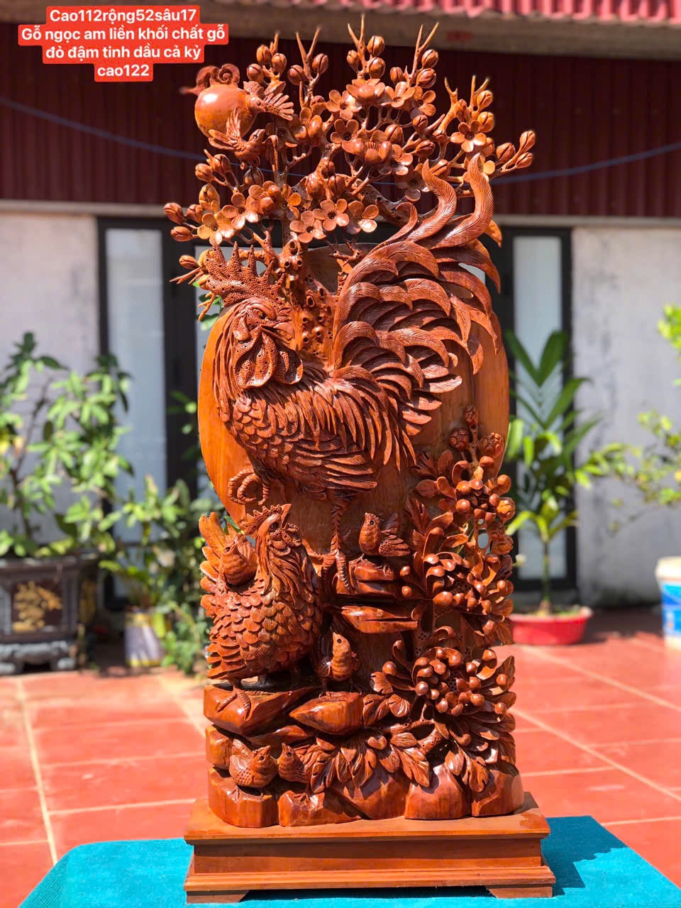 Tượng Gia Đình Gà Gỗ Ngọc Am Đỏ Liền Khối - Chạm Khắc Tinh Xảo