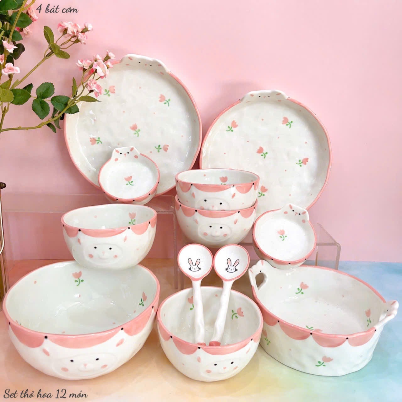 Set bát thỏ hồng cute 6 món gốm sứ cao cấp phong cách Hàn Quốc