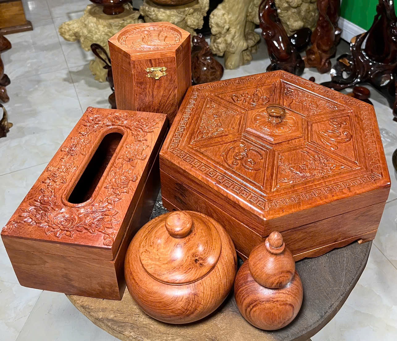 Combo gỗ mỹ nghệ cao cấp – Hộp chè, hộp giấy, khay mứt, thố hạt dưa, lọ tăm hồ lô