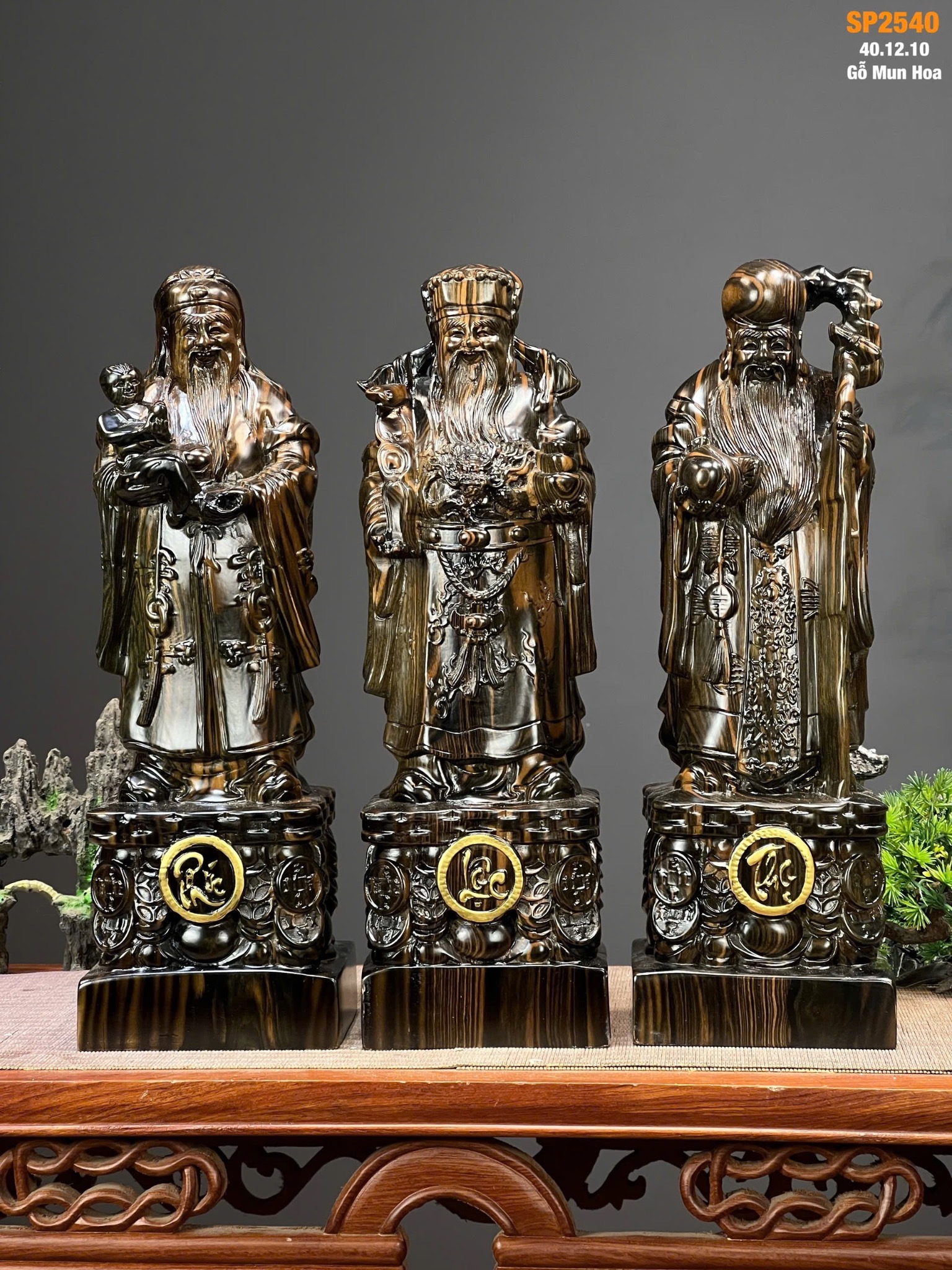 Tượng Tam Đa Phúc Lộc Thọ gỗ mun hoa – biểu tượng phúc khí và trường thọ