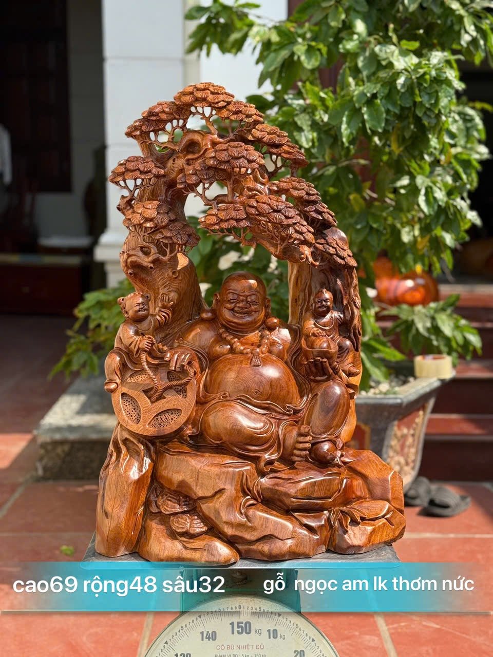 Tượng Di Lặc ngồi gốc tùng gỗ ngọc am liền khối đục siêu kỹ