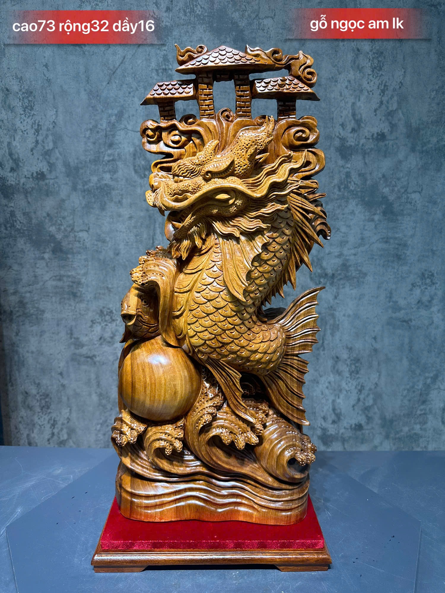 Cá chép hóa rồng gỗ ngọc am nguyên khối