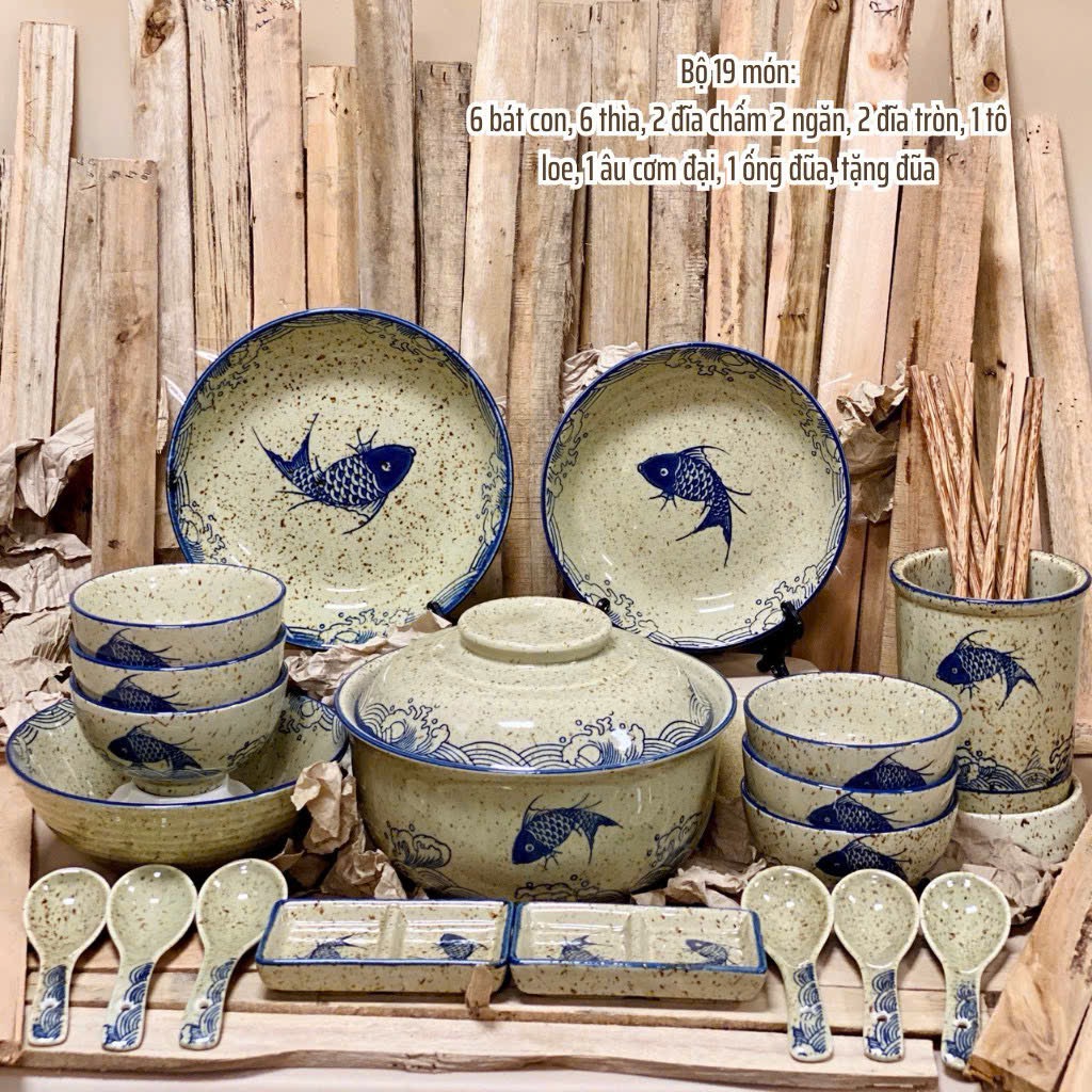 Set bát gốm sứ men tiêu vẽ cá – Tinh tế và độc đáo