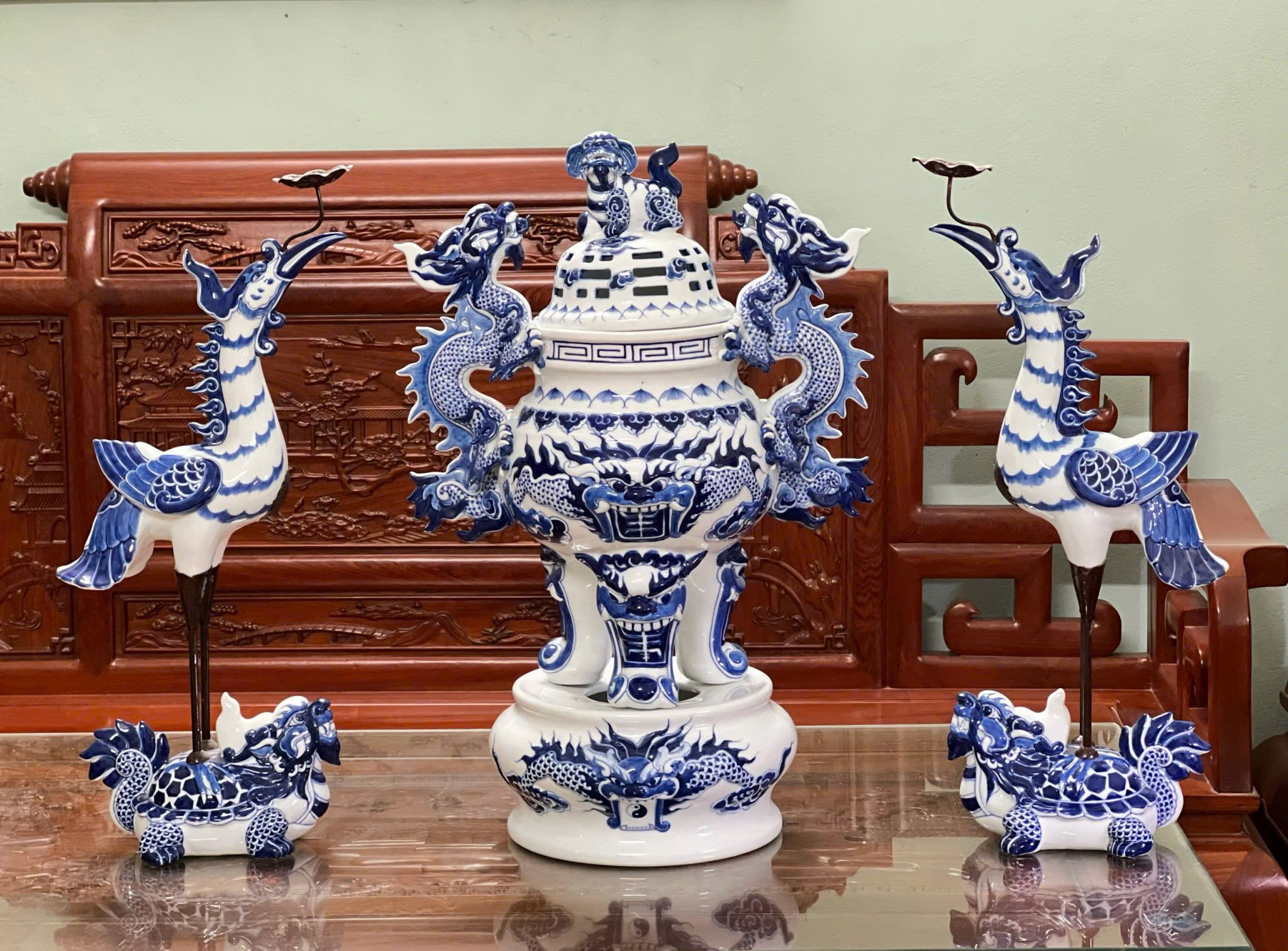 Bộ đỉnh hạc gốm sứ Bát Tràng men lam cao cấp số 1 cao 69cm